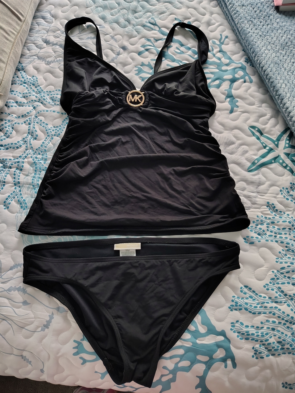 Michael Kors Black Tankini Set with Gold MK Logo Sz. L